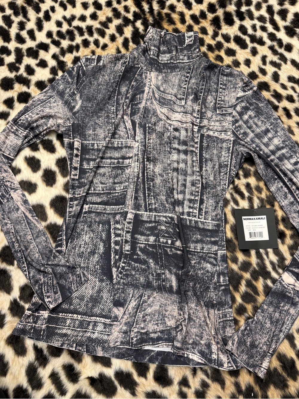 NWT NORMA KAMALI DENIM PRINT TURTLENECK LONGSLEEVE MEDIUM